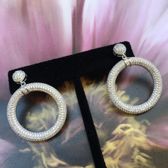 14k white gold diamond pave earrings stud hoops - Picture 5 of 8